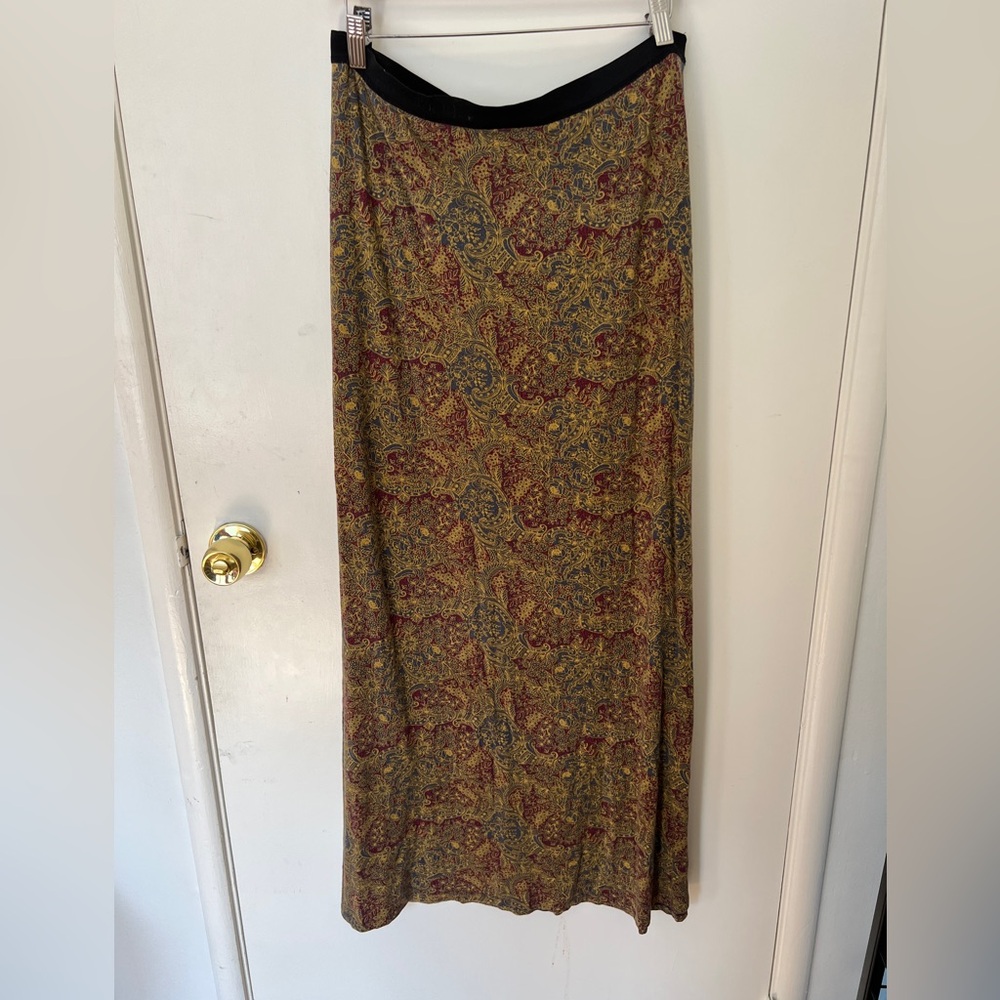 Free People • Sashaying Maxi Skirt paisley print jersey knit maroon gold blue